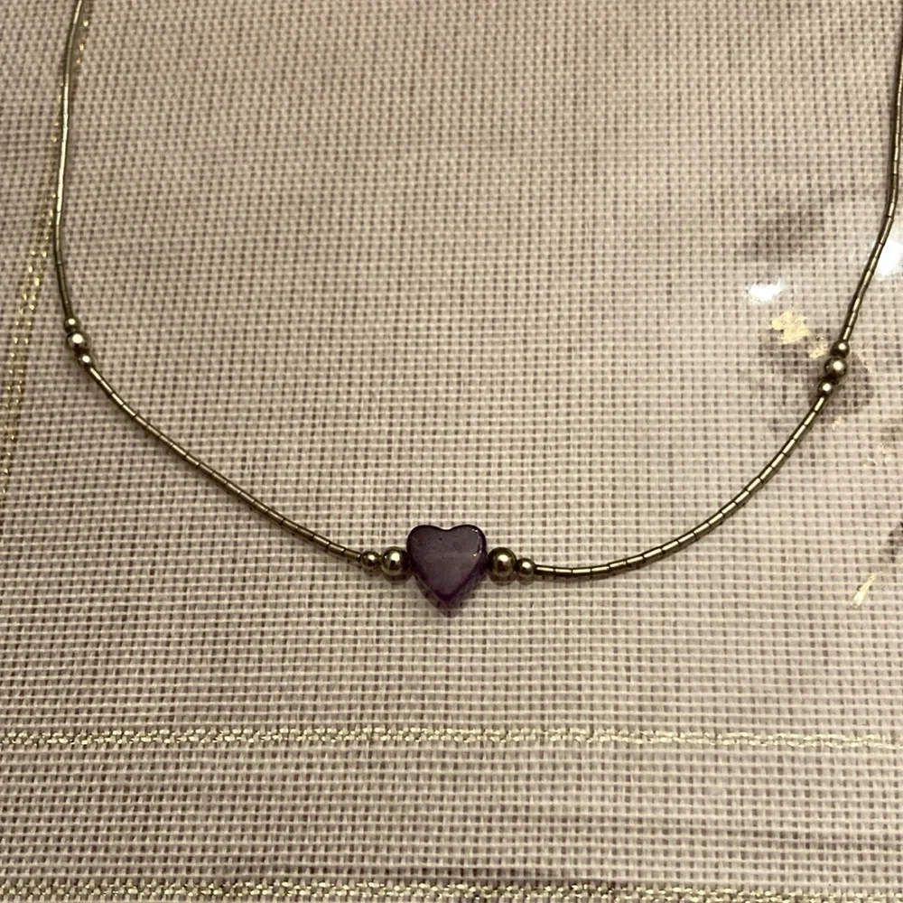 Vintage 14” liquid silver necklace w/1/4” Amethyst Heart + Sterling Silver Beads